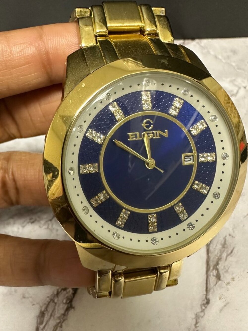 Elgin Watch Men Gold Tone Blue Dial Date Window 48MM Dial New Battery 8.5 Inch